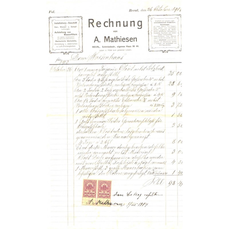 A.Mathieseni trükikoja arve kahe 5 kopikalise Tsaari Vene tempelmargiga, 1913