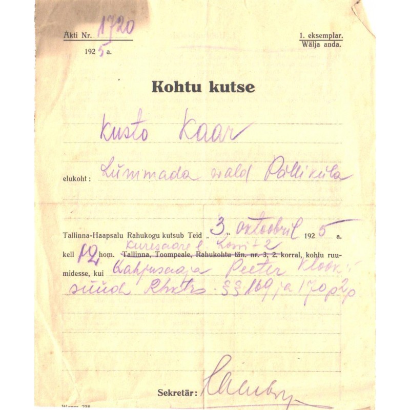Kohtukutse, Tallinn-Haapsalu Rahukogu, 1925