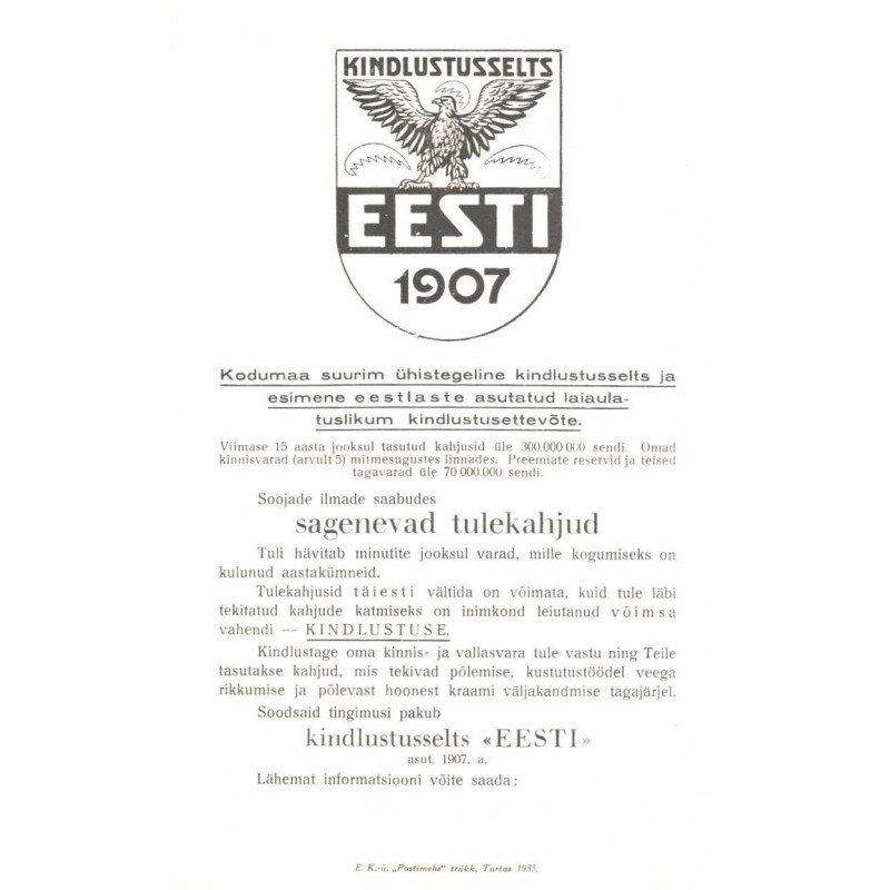 Kindlustusselts Eesti tulekahju kindlustuse reklaam blankett, 1935