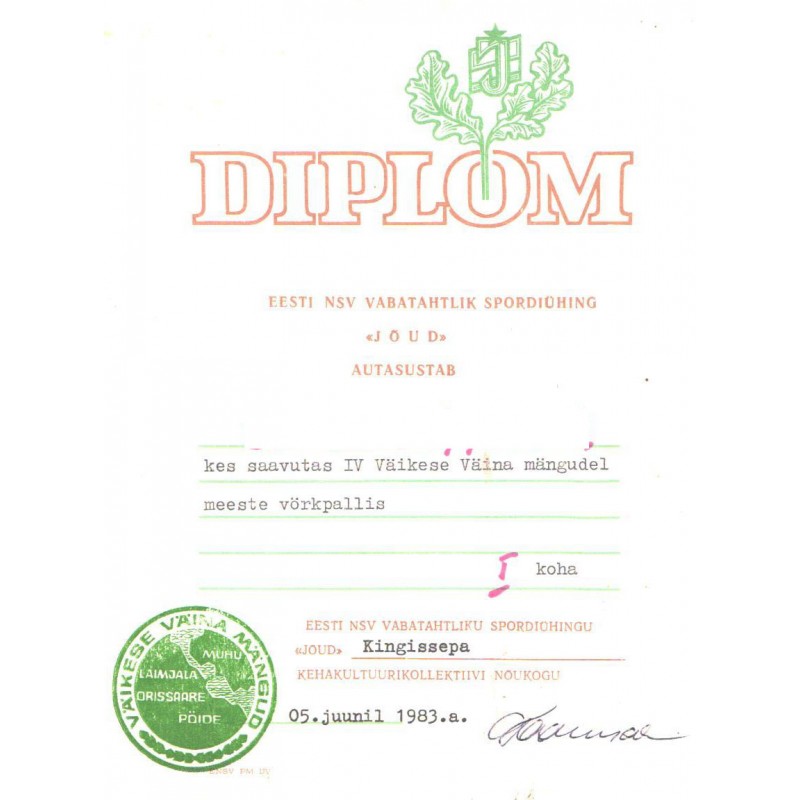Diplom, Eesti NSV Vabatahtliku Spordiühing JÕUD, I koht 1983