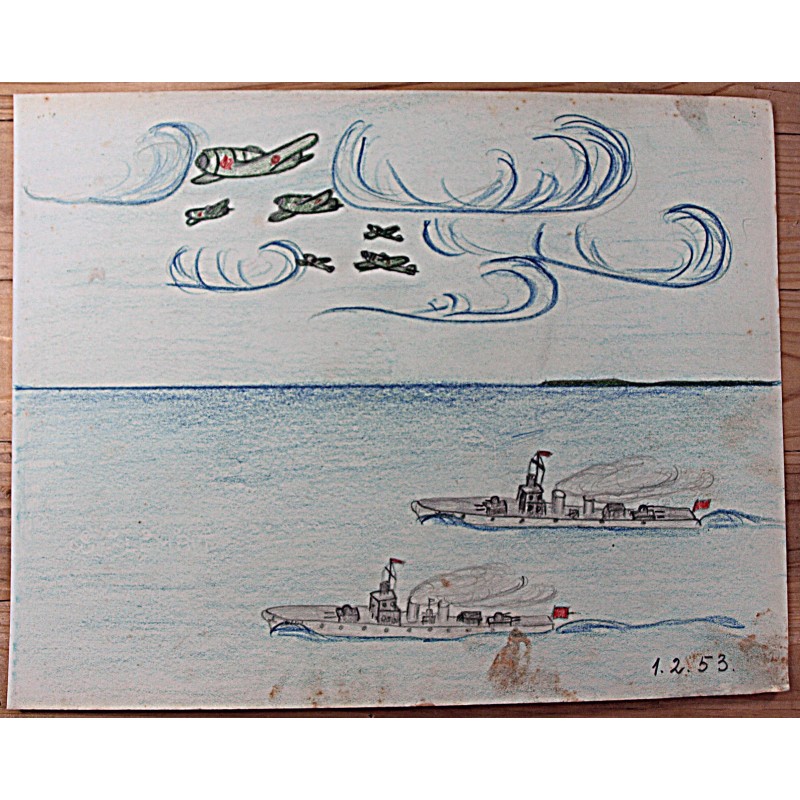 NSVL sõjalaevad ja lennukid, pliiatsijoonistus, 1. veebruar 1953