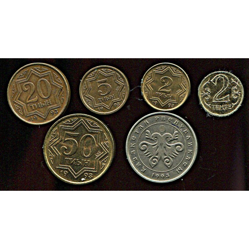 Kasahhi mündikomplekt:2, 5, 20, 50 Tyni ja 2, 10 tenget, VF-XF