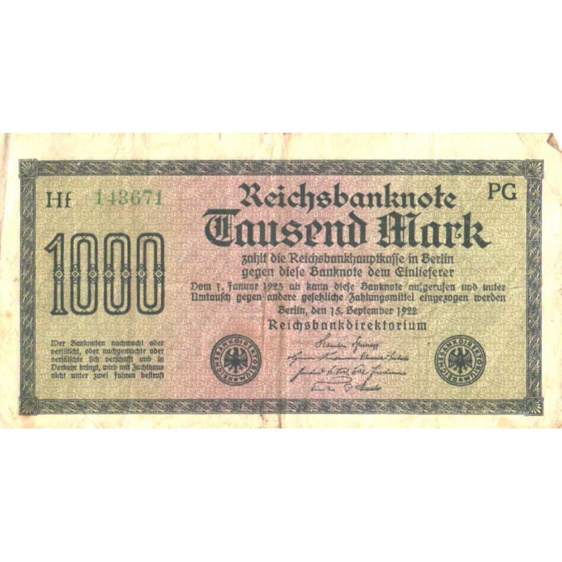 Saksa 1000 marka 1922, roheline seerianumber, VF
