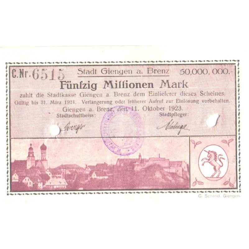 Saksamaa notgeld, Stadt Giengen a Brenz, 50 miljonit marka, 1923, VF