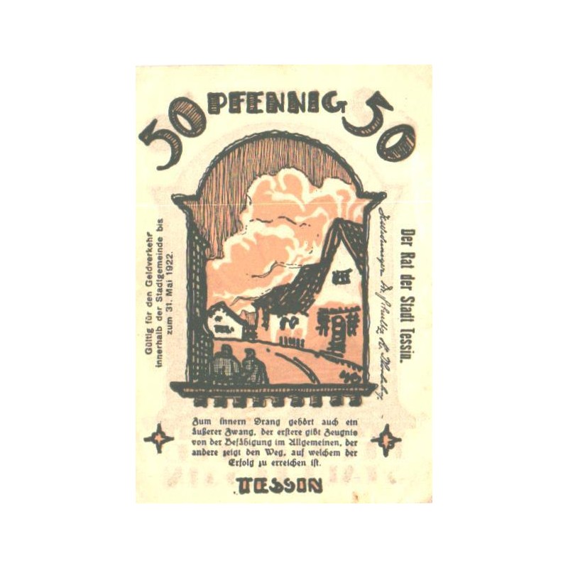 Saksamaa notgeld, Stadt Tessin, 50 pfennigit, 1922, UNC