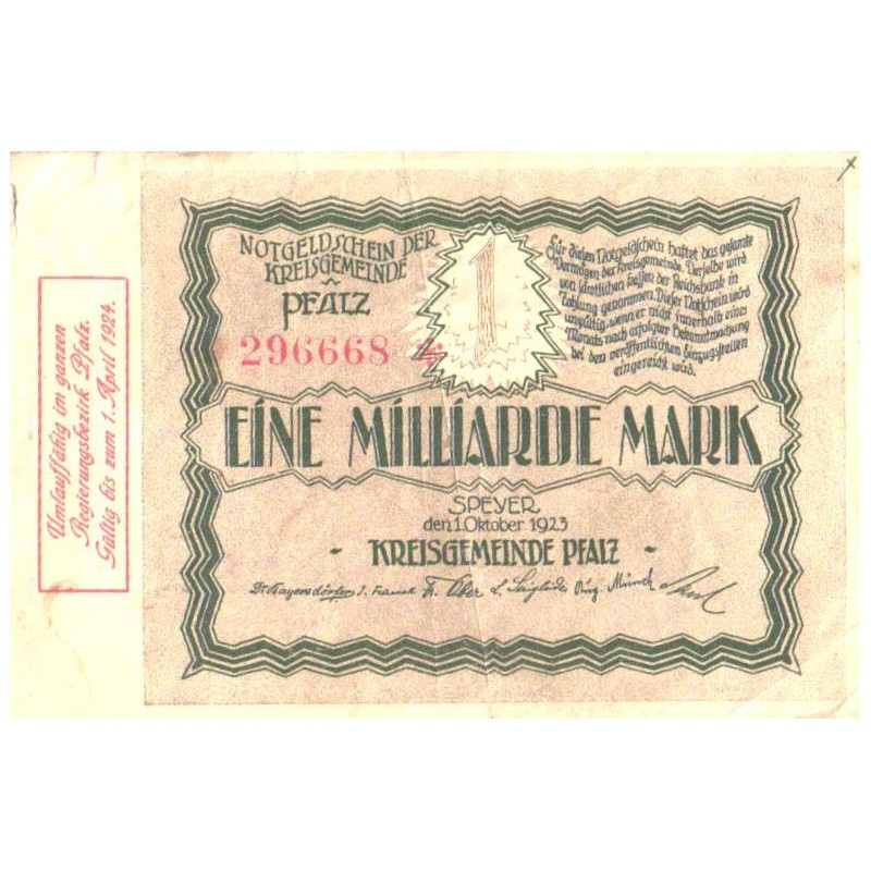 Saksamaa notgeld:Kreisgemeinde Pfalz 1 miljard marka 1923, VF