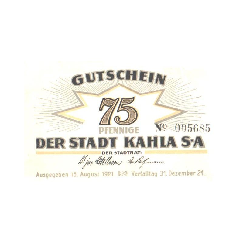 Saksamaa notgeld:Gutschein der stadt Kahla, 75 pfennig 1921, UNC