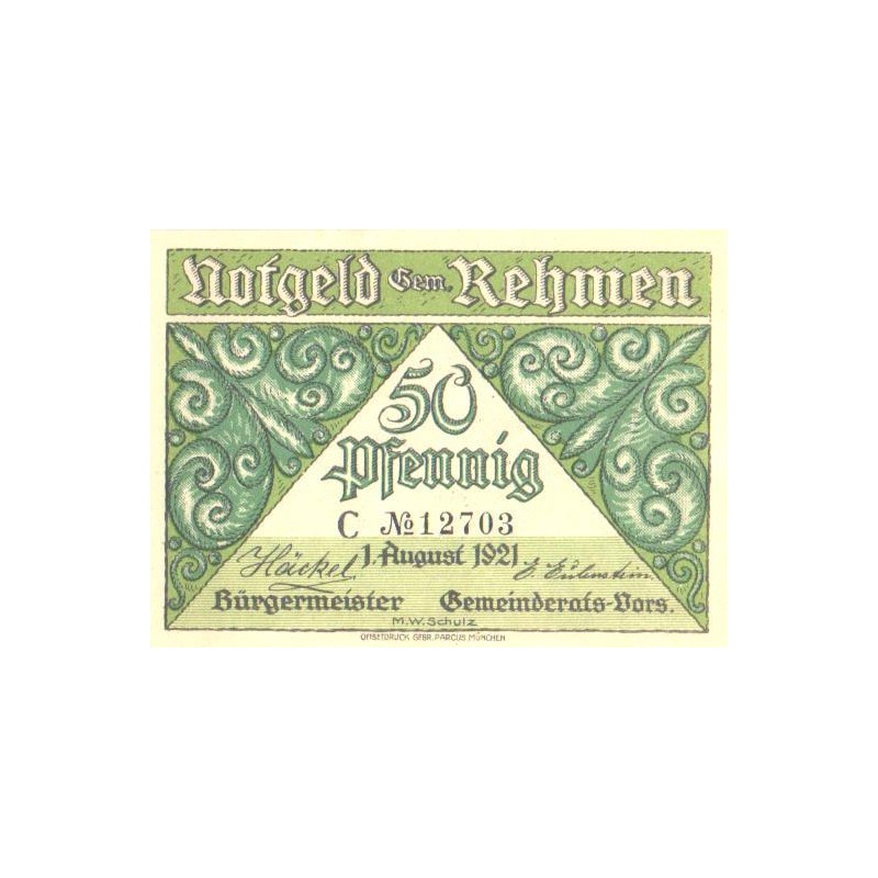 Saksamaa notgeld:Stadt Rehmen 50 pfennig 1921, UNC