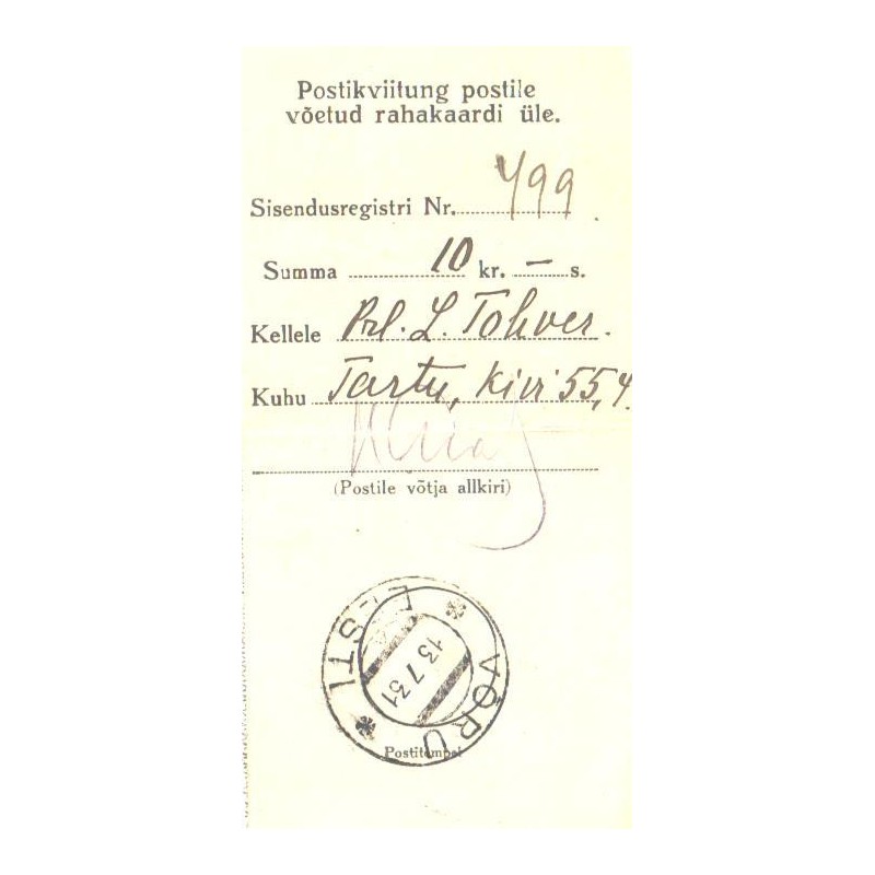 Postikviitung postile võetud rahakaardi üle, Võru A pitsat 1931