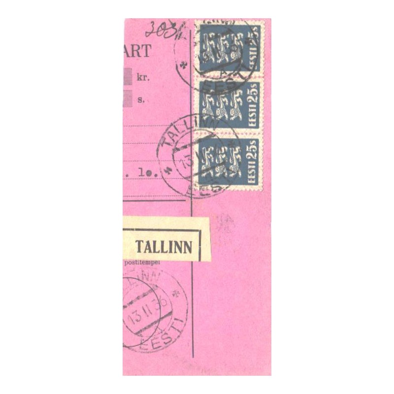 Rahakaardi kviitung, 3 X 25 sendise lõvi margiga Tallinn A pitsatiga 1936