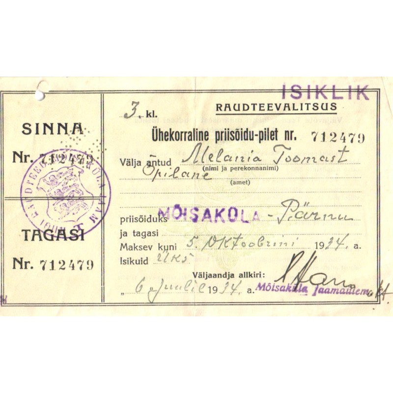 Eesti raudteevalitsus ühekorraline priisõidu-pilet Mõisaküla-Pärnu 1934