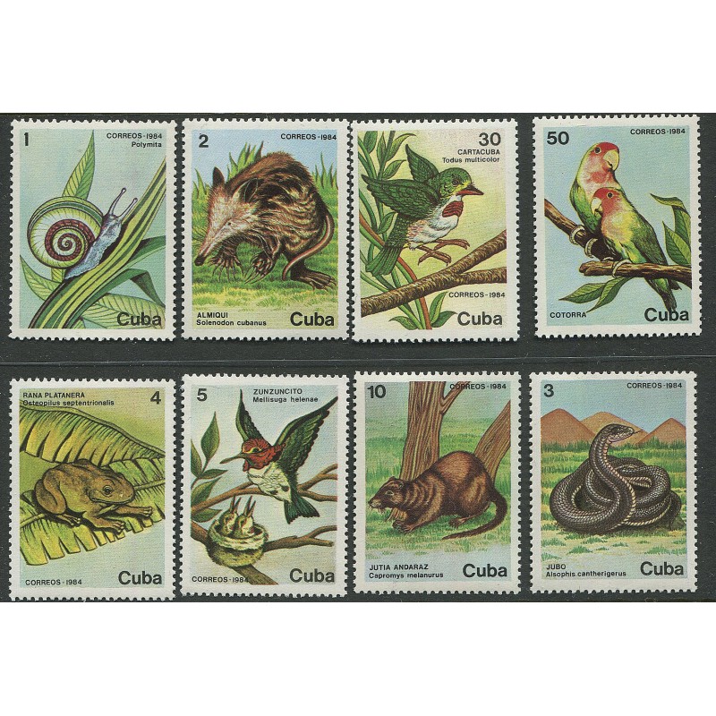 Kuuba 8 marki 1984, linnud, tigu, konn, uss, täissari, MNH