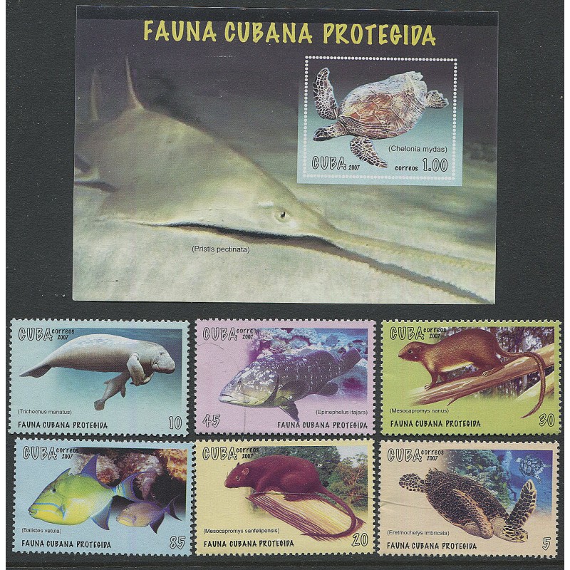 Kuuba 6 marki ja plokk 2007, kilpkonn, kalad, lamantiin, täissari, MNH
