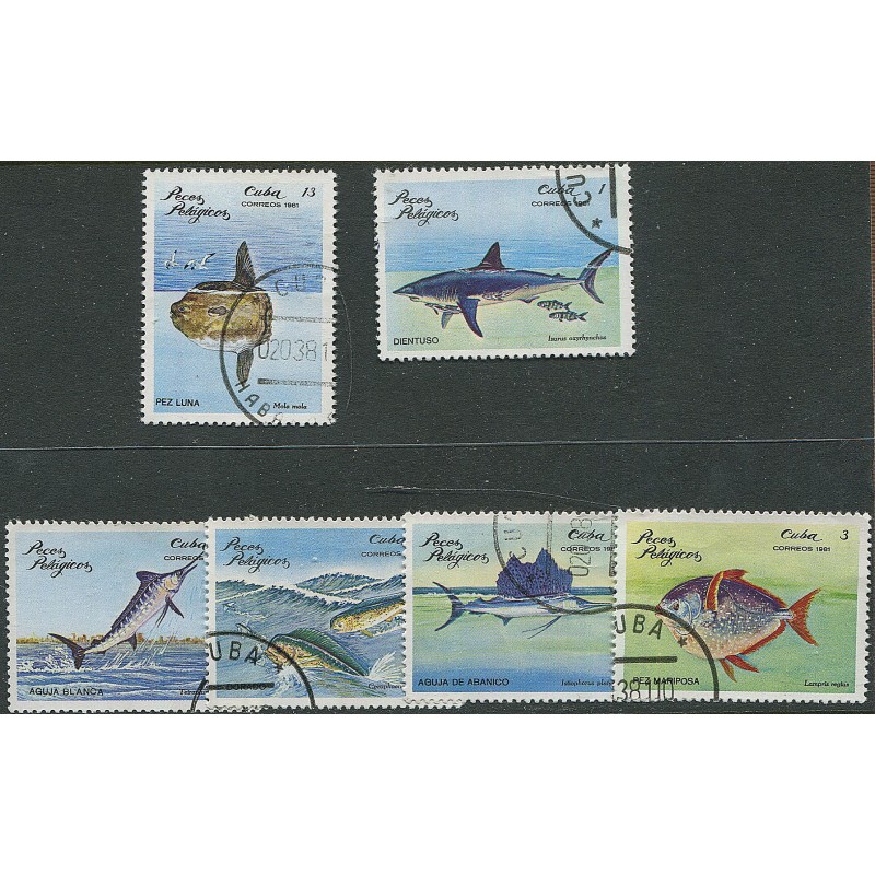 Kuuba 6 marki 1981, Kalad, hai, makrell, täissari, Templiga