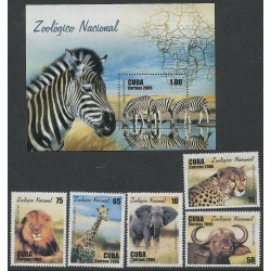 Kuuba 5 marki ja plokk 2005, Sebrad, lõvi, kaelkirjak, elevant, gepard, Täissari, MNH