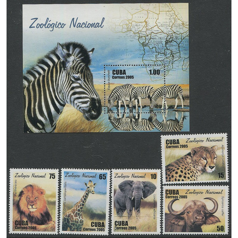 Kuuba 5 marki ja plokk 2005, Sebrad, lõvi, kaelkirjak, elevant, gepard, Täissari, MNH