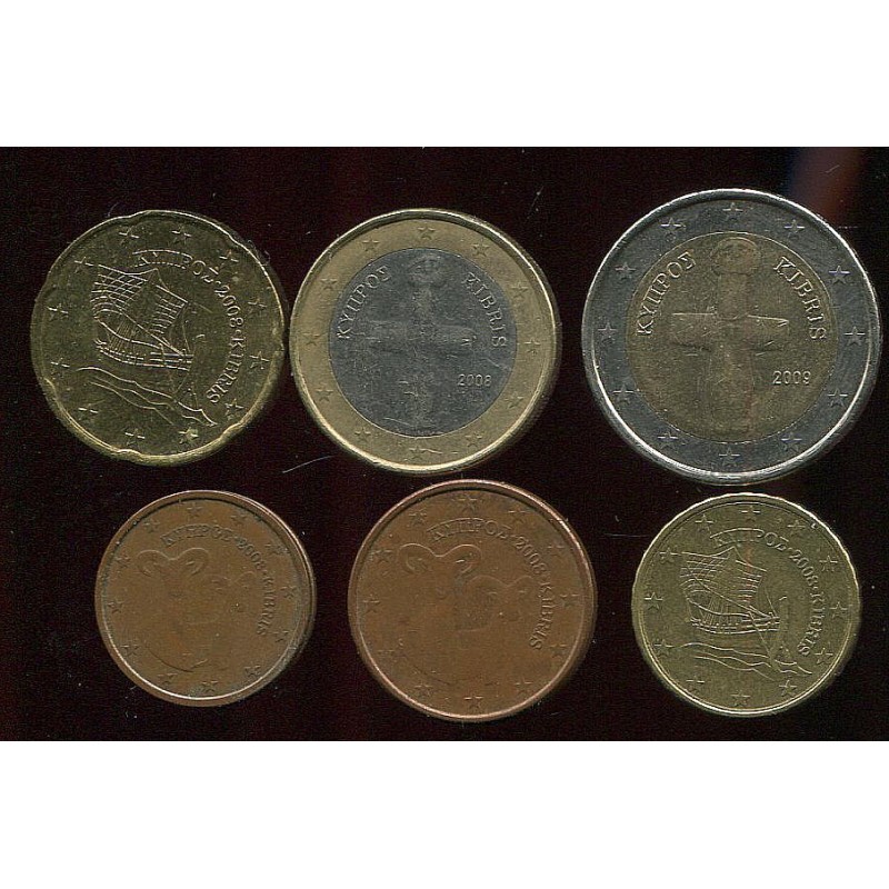 Küprose eurokomplekt 2, 5, 10, 20 sendine ja 1, 2 eurone 2008, VF