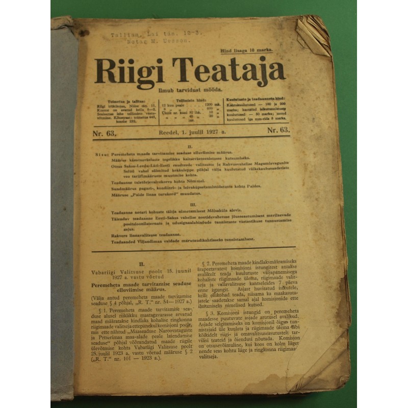 Ajakirja Riigi Teataja köidetud numbrid 63/1927-115/1927