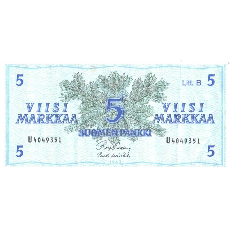 Soome 5 markka 1963, Litt. B, VF
