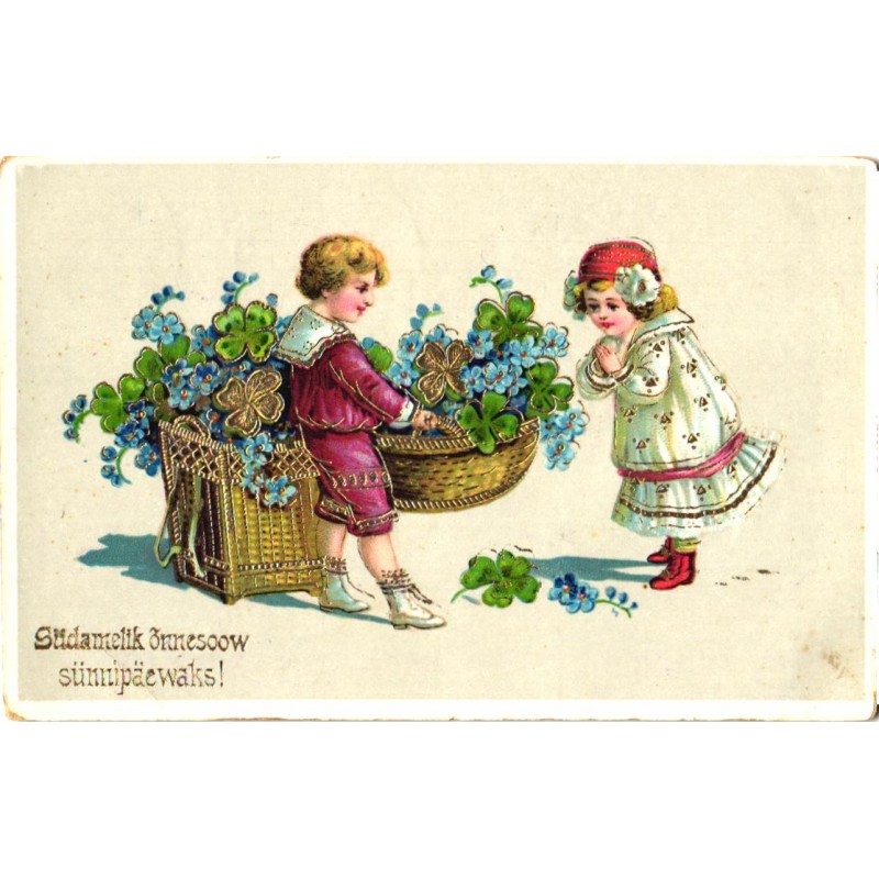 Lapsed kannikestega, lilled, presskaart, Kuressaar pitsat 1924